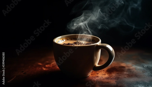 Dark coffee mug on wood table steams generated by AI
