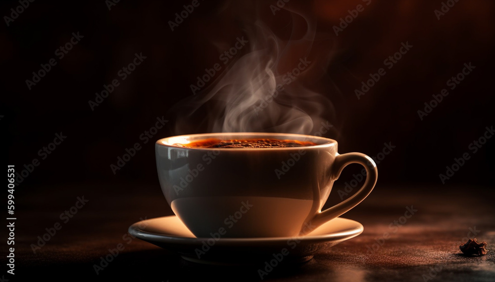 Steam rises from fresh cappuccino on wood table generated by AI Steam rises from fresh cappuccino on wood table generated by AI