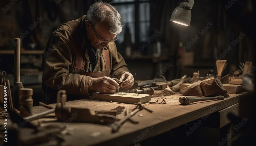 One carpenter making leather shoes with expertise generated by AI