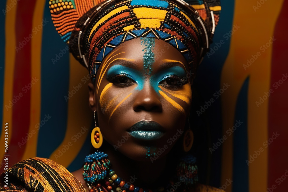 A close up of a person wearing a headdress. AI generative. African queen Generative AI A close up of a person wearing a headdress. AI generative. African queen Generative AI