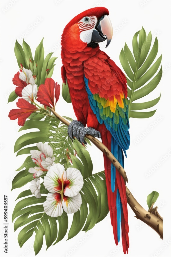 Fototapeta premium a Macaw surrounded by rainforest flowers and foliage, apparel design. Preservation, rainforest wildlife, Wildlife-themed, photorealistic illustration on a white background in JPG. generative ai