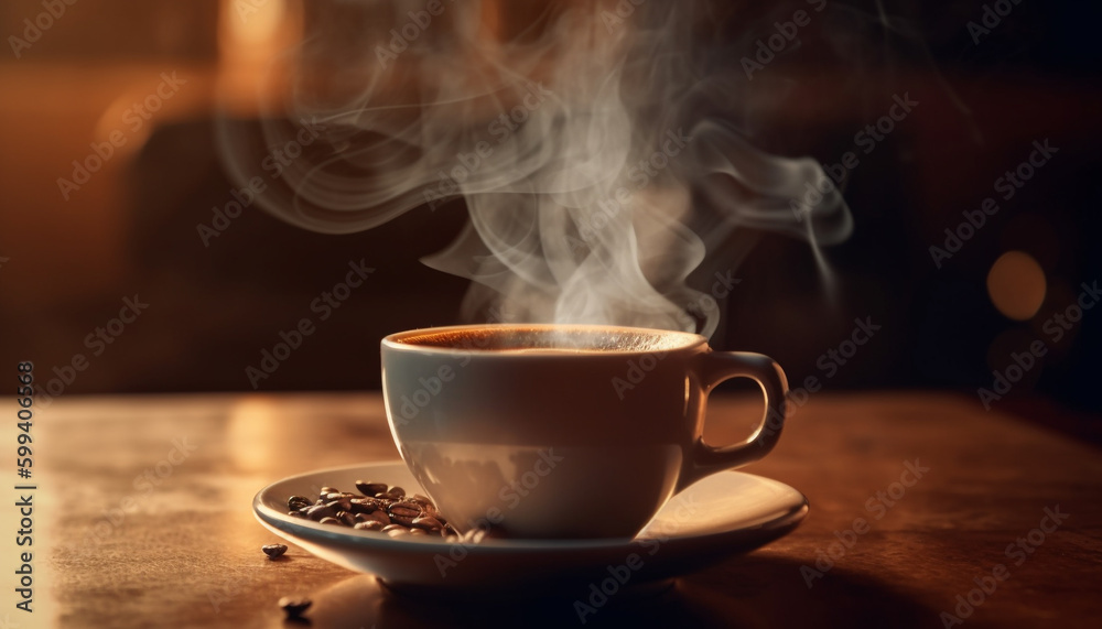 Steam rises from fresh cappuccino on wooden table generated by AI Steam rises from fresh cappuccino on wooden table generated by AI