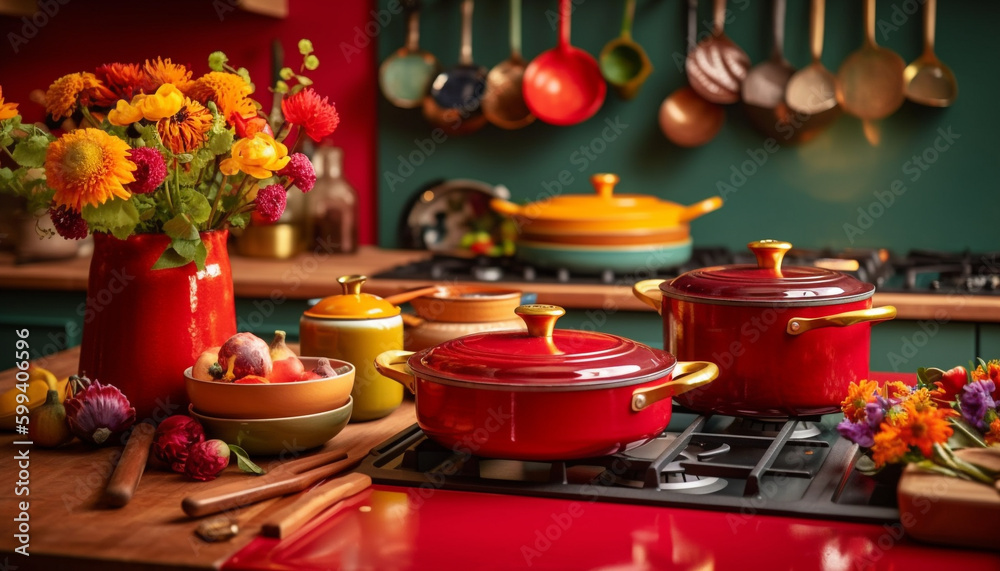 Fresh vegetables in wooden bowl on stove top generated by AI Fresh vegetables in wooden bowl on stove top generated by AI