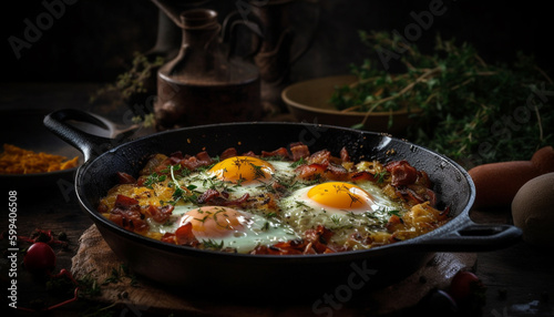 Freshly cooked gourmet meal on cast iron generated by AI