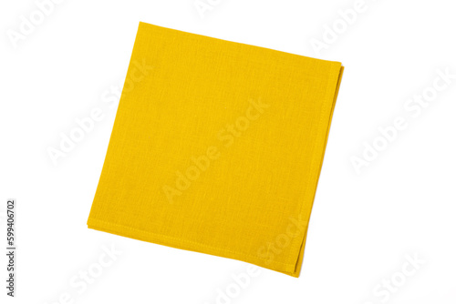 Kitchen towel .Yellow napkin isolated on white background. Picnic towel. Home textiles. Folded cloth.Food serving design element. Square napkin.