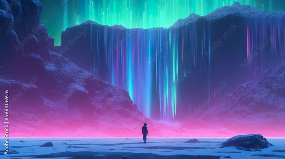 Tiny human silhouette in front of frozen waterfall with vibrant illumination by polar lights, aurora borealis. AI generative illustration, polar landscape, cyan tint with magenta
