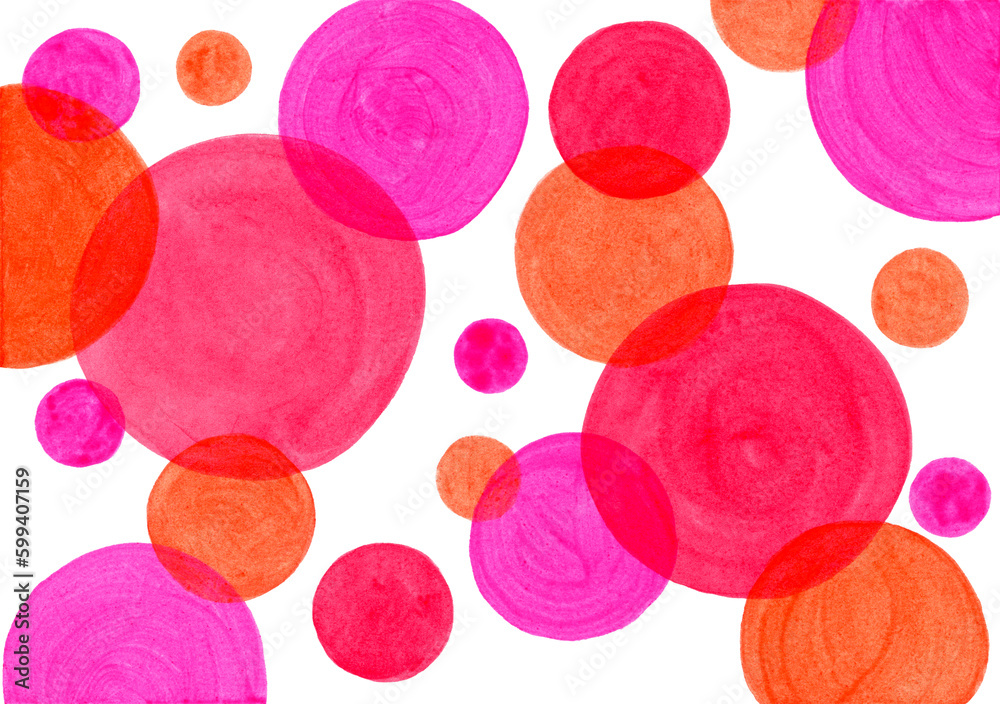 Acrylic or watercolor red, orange, fuchsia colors hand painted circles of different diameters. Artistic abstract background with circle shape design elements.