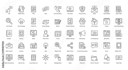 Social Media Thin Line Icons Content Communication Outline Icons in Black