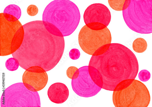 Obraz na płótnie Acrylic or watercolor red, orange, fuchsia colors hand painted circles of different diameters. Artistic abstract background with circle shape design elements. w salonie
