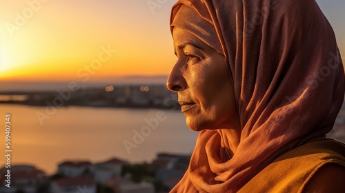 Serious Old Arab muslim woman wearing a hijab posing in a northern african city. Generative ai
