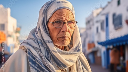 Serious Old Arab muslim woman wearing a hijab posing in a northern african city. Generative ai