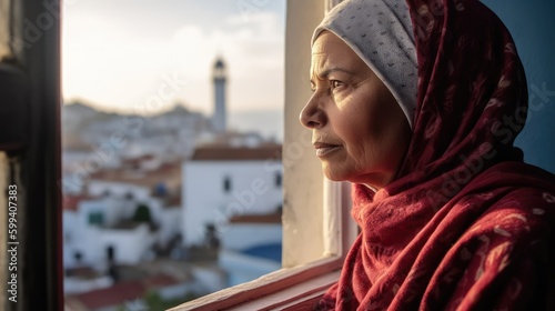 Serious Old Arab muslim woman wearing a hijab posing in a northern african city. Generative ai