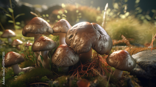 Close-up of fungi and mycelium growing outdoors in a natural habitat. AI generative Generative AI © tilialucida