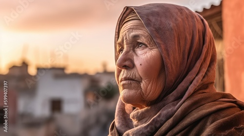Serious Old Arab muslim woman wearing a hijab posing in a northern african city. Generative ai