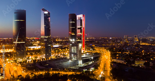 Night view of the four towers (Cuatro Torres) of the business district in Madrid. Spain