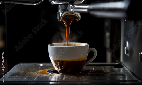 Coffee making machine in cup. Modern espresso cup on dark background. generative ai