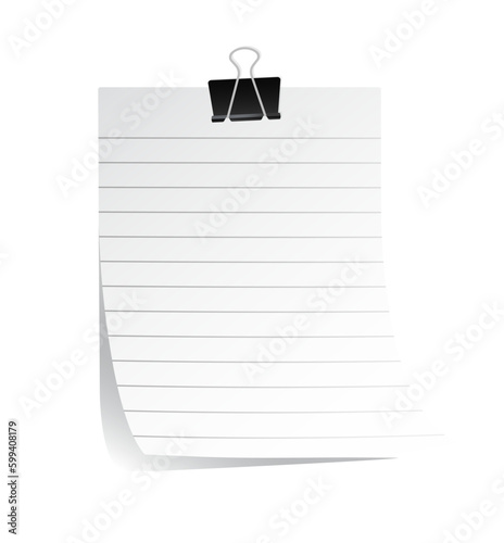 White paper concept. Sheet of notepad with hair clip, place for notes. Organization of effective workflow and to do list. Planner and organizer. Realistic 3D vector illustration