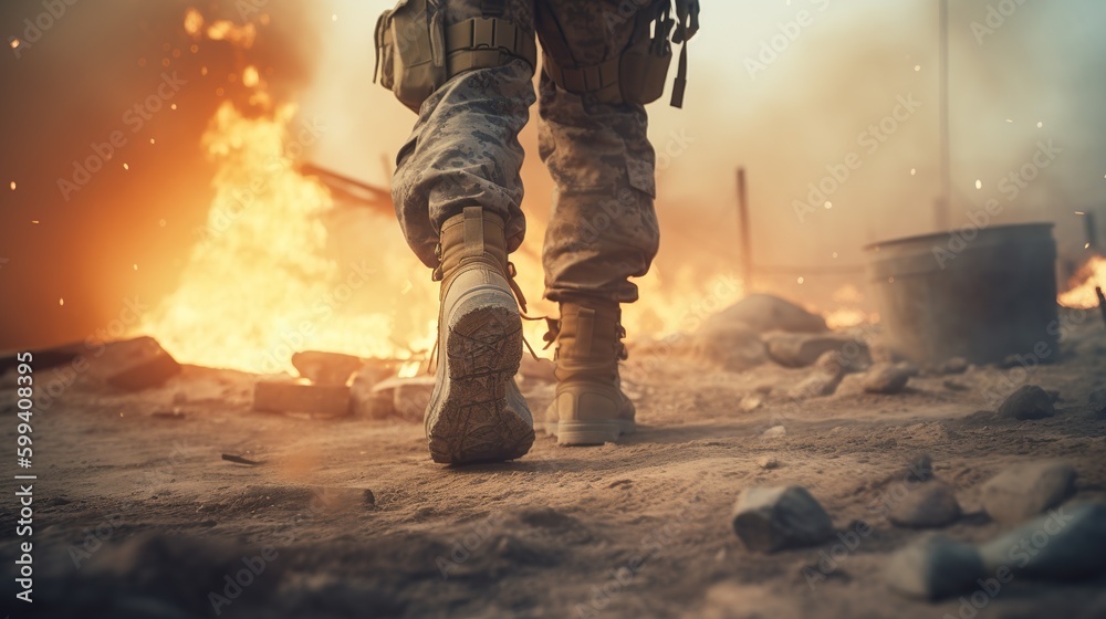 A soldier walking through a burning war zone. A military special forces soldier's legs in boots. Soldier crossing a destroyed war zone through fire and smoke in the desert. Generated with Ai tools A soldier walking through a burning war zone. A military special forces soldier's legs in boots. Soldier crossing a destroyed war zone through fire and smoke in the desert. Generated with Ai tools