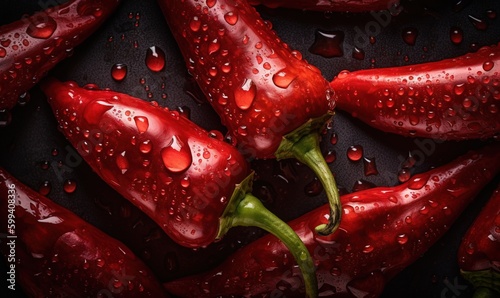  a group of red peppers with water droplets on them and a green stem.  generative ai