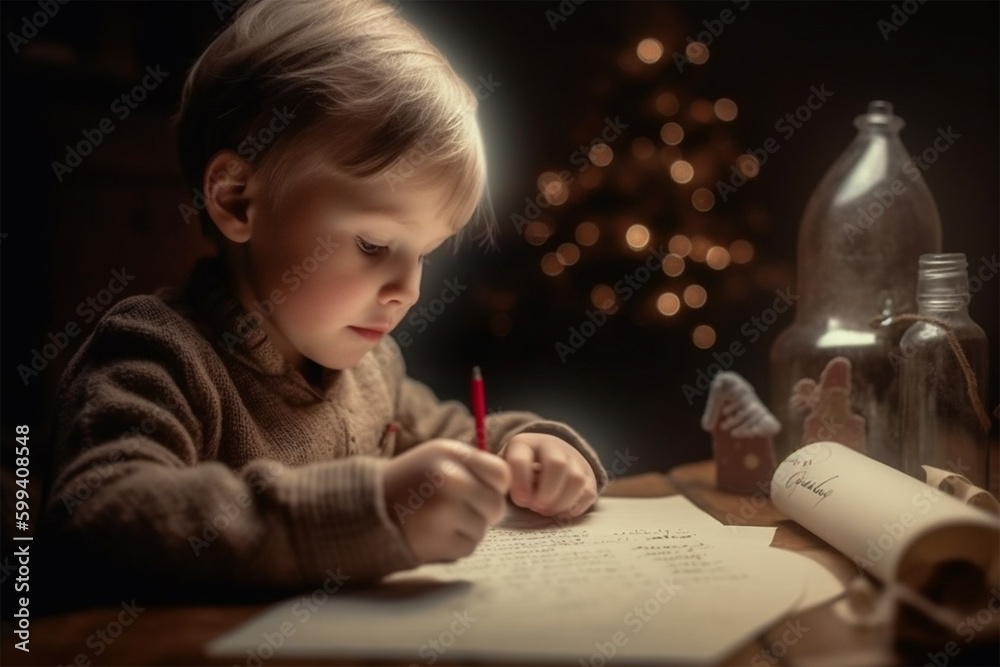 a child boy write a letter to Santa Claus ordering gifts for Christmas. the concept of Christmas, celebration and happy childhood. Generative AI a child boy write a letter to Santa Claus ordering gifts for Christmas. the concept of Christmas, celebration and happy childhood. Generative AI