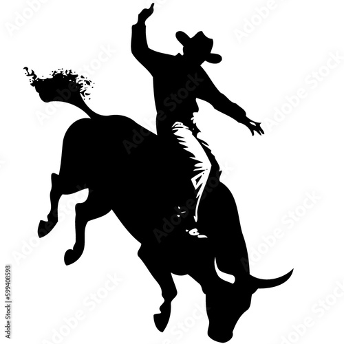 cowboy man riding a bull at a rodeo bull riding black and white created with Generative AI technology