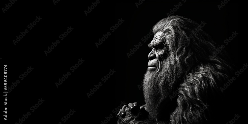 Black and white photorealistic studio portrait of a mature male Bigfoot on black background. Generative AI illustration Black and white photorealistic studio portrait of a mature male Bigfoot on black background. Generative AI illustration