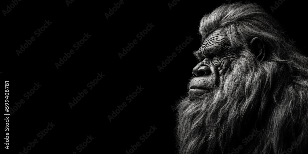 Naklejka premium Black and white photorealistic studio portrait of a mature male Bigfoot on black background. Generative AI illustration