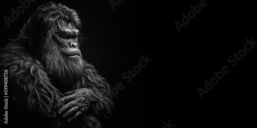 Black and white photorealistic studio portrait of a mature male Bigfoot on black background. Generative AI illustration