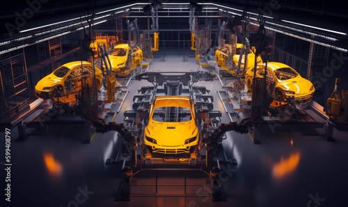 Yellow cars being assembled on the automobile-producing plant. Robotic equipment building vehicles. Top view. Generative AI.