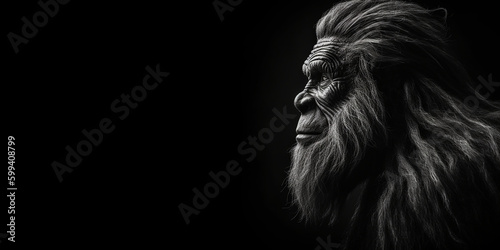 Black and white photorealistic studio portrait of a mature male Bigfoot on black background. Generative AI illustration © JoelMasson