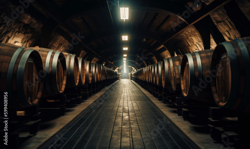 Production of wine or strong alcohol drinks. A huge cellar with rows of wooden barrels with beverages. Generative Ai. photo