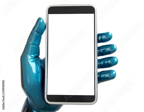 Template or mock up of a hand holding a mobile phone by robot hand with a blank screen and copy space on isolated clear background for object and retouch design. Generative AI.