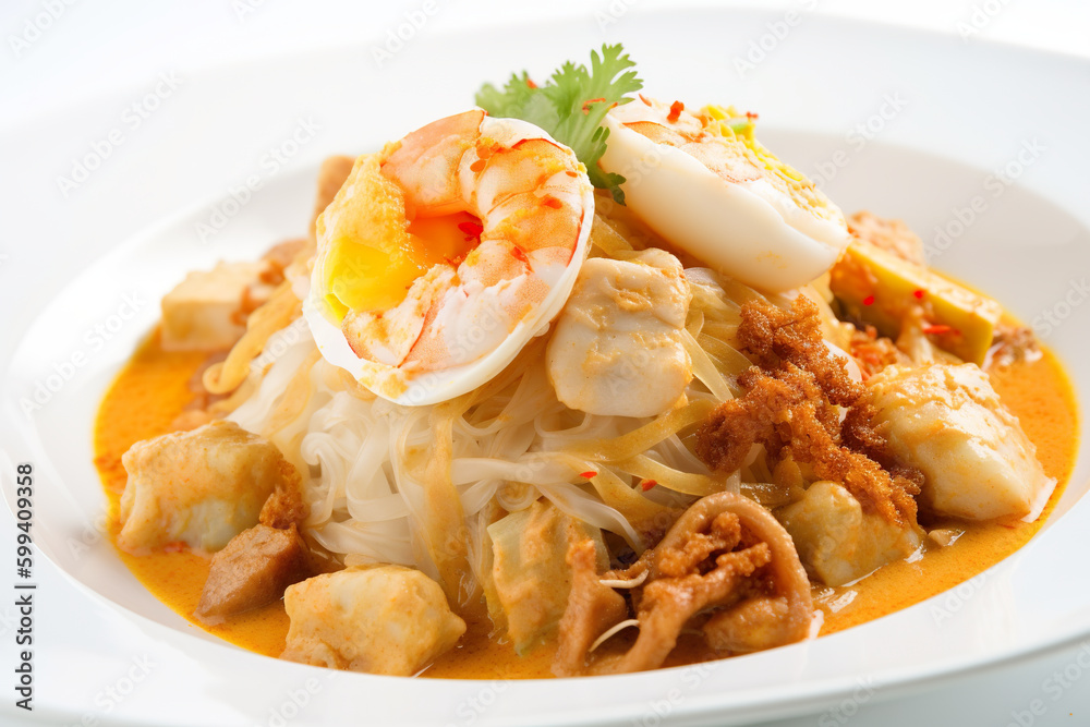 Pansit Palabok - Rice noodles with pork, eggs, and chicharron. Asian Filipino dish, food from Philippines Generative AI Pansit Palabok - Rice noodles with pork, eggs, and chicharron. Asian Filipino dish, food from Philippines Generative AI