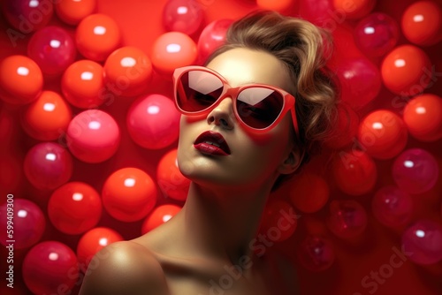 Modern abstract portrait of young beautiful woman wearing stylish sunglasses over red balloons as background. Generative AI