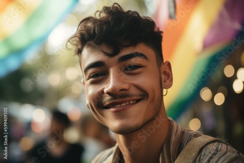 Young happy transgender man during pride parade. LGBT community and pride month concept. Generative AI