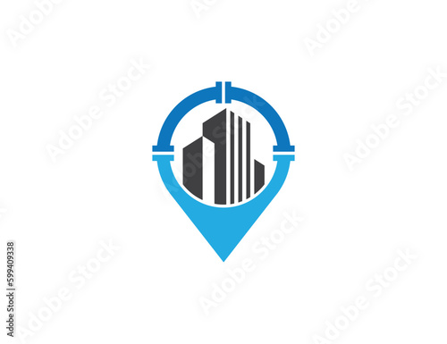 Plumbing Service Point Location Logo Concept symbol icon sign Design Element. Building and Pipe with Pin Map Location Logotype. Vector illustration template
