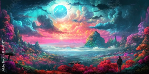 Surreal dreamy landscape of man admiring colorful mountain view over cloudy sky. Generative AI illustration