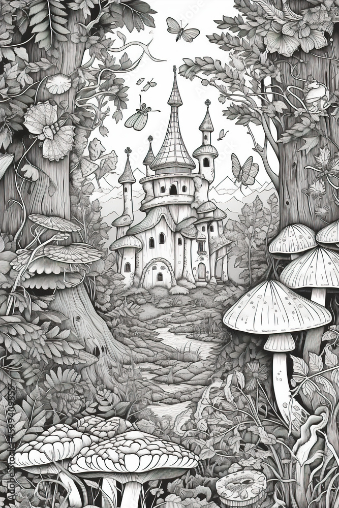 Fototapeta premium A black and white drawing of a castle in the woods. AI generative. Coloring book pattern Generative AI
