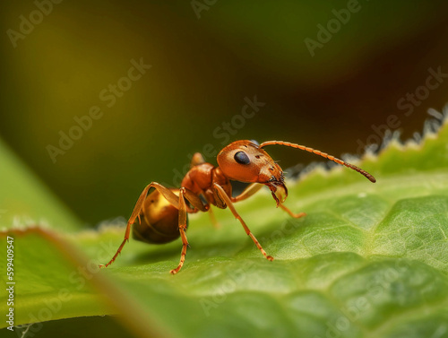 Close-up of Ant on green leaf. Wildlife. Generative Ai