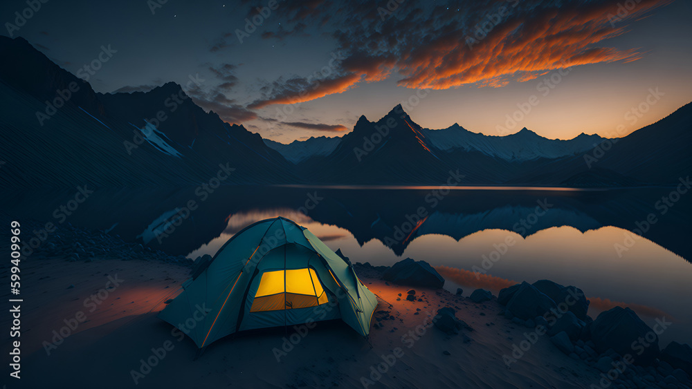 Campsite tent by the lake in mountains sunset and night. (Generative AI)