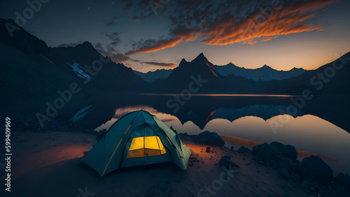 Campsite tent by the lake in mountains sunset and night. (Generative AI)