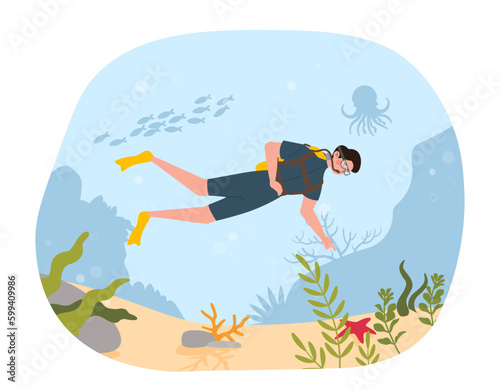 Diver floating concept. Man in rubber suit with oxygen tank swims underwater and explores seabed. Banner for diving club website. Extreme hobby and leisure. Cartoon flat vector illustration