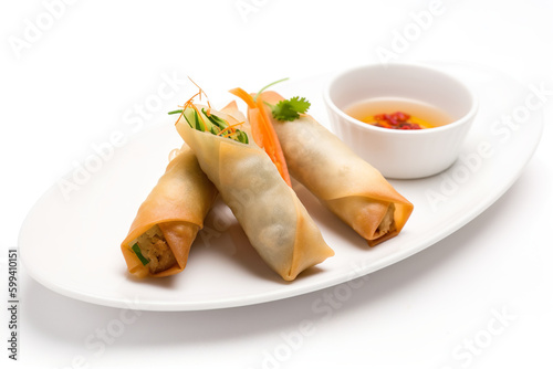 Lumpiang shanghai, small egg rolls filled with pork and vegetables, AI generative dish from Philippines, Filipino dish. Generative AI photo
