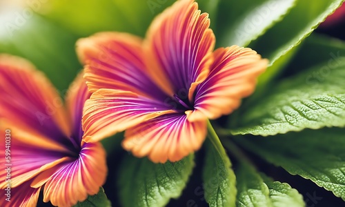 Close-up of bright orange and purple flowers on green leaves (ID: 599410330)