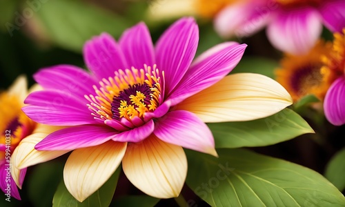 Pink flower with yellow center in a garden.   (ID: 599410332)