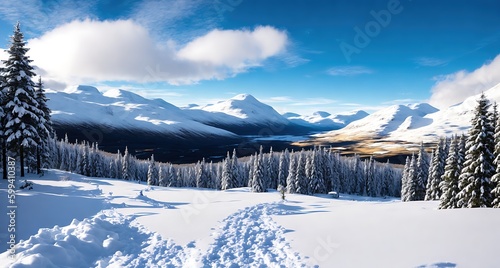 Snow-covered mountain range with evergreen trees and snow-capped peaks in the distance under a clear blue sky.  (ID: 599410387)