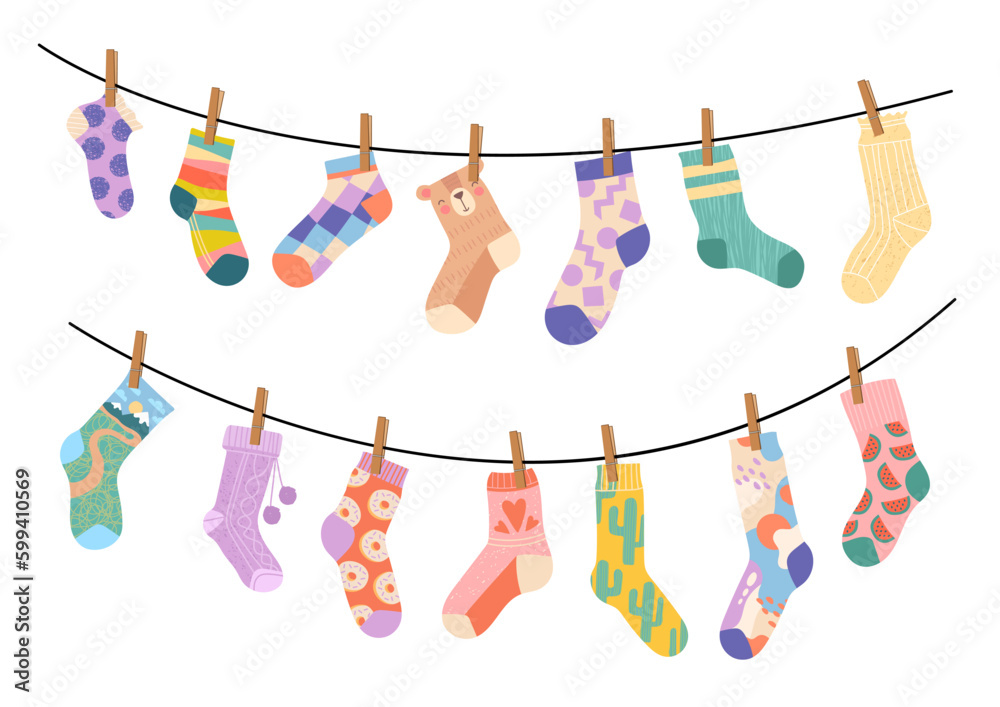 Drying socks concept. Collection of elements of clothes on rope. Cleanliness and hygiene, laundry. Household chores and routine. Cartoon flat vector illustrations isolated on white background Drying socks concept. Collection of elements of clothes on rope. Cleanliness and hygiene, laundry. Household chores and routine. Cartoon flat vector illustrations isolated on white background