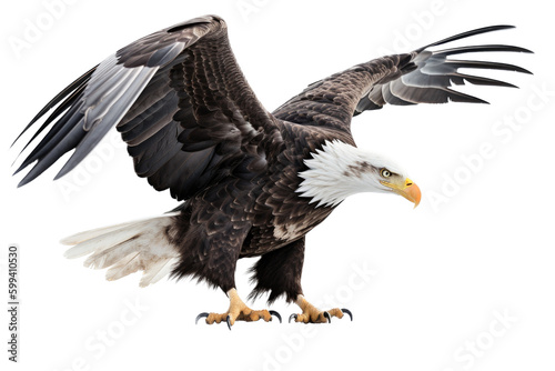 an isolated bald eagle (Haliaeetus leucocephalus) , flying in motion and in landing position, wildlife, Wildlife-themed, photorealistic illustration on a transparent background PNG. generative ai