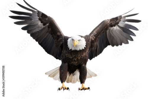 an isolated  bald eagle (Haliaeetus leucocephalus) , front view wings spread open, preservation, Wildlife-themed, photorealistic illustration on a transparent background cutout in PNG. Generative AI © Purple Penguin GFX