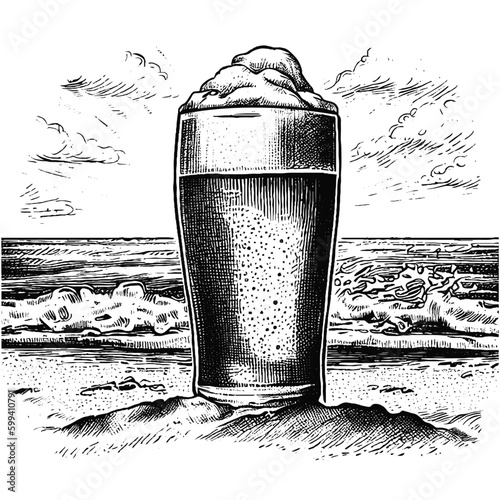 glass of beer on the beach, vacation beer illustration 